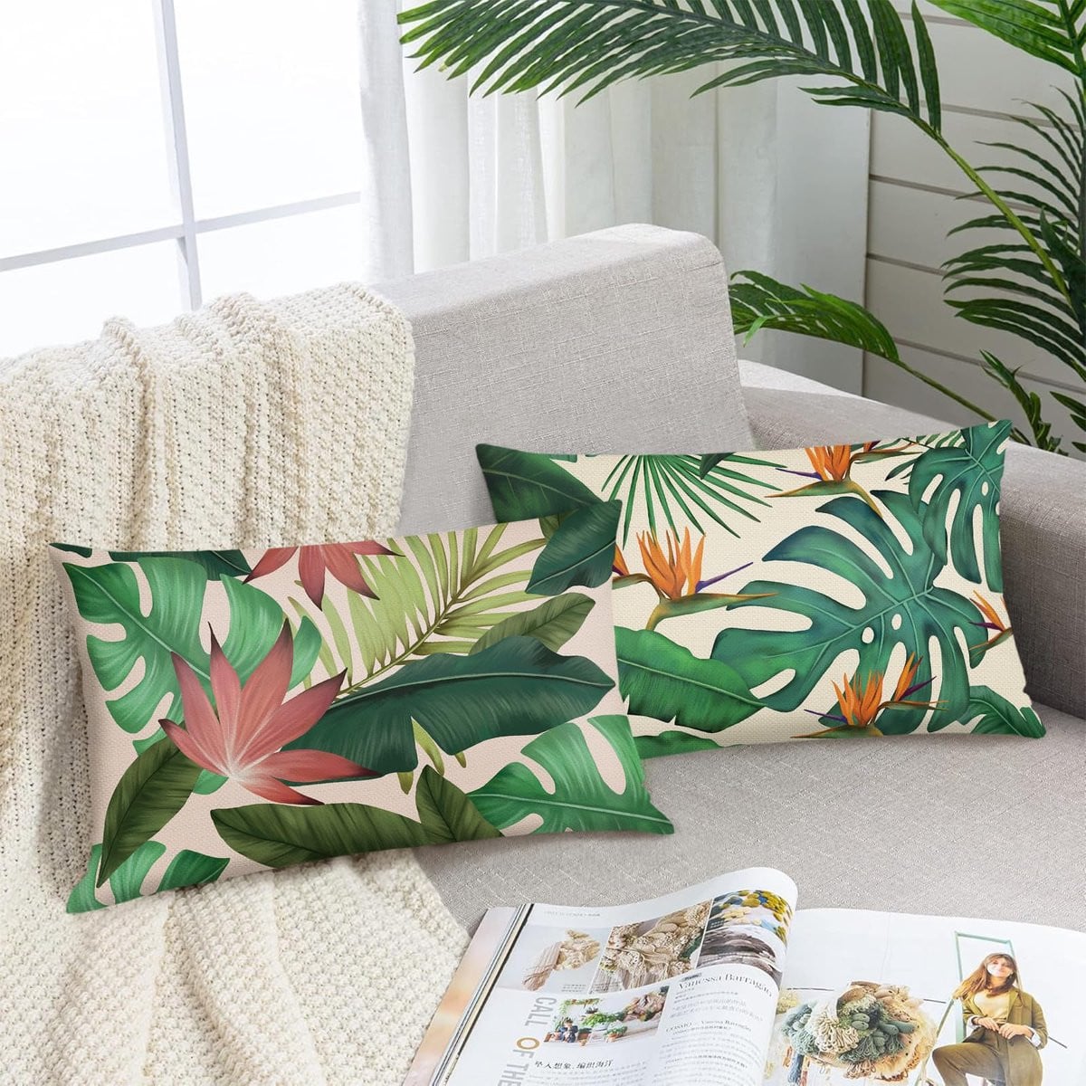 Set van 2 decoratieve kussenhoezen met tropische bladeren, Groen, 30 x 50 cm