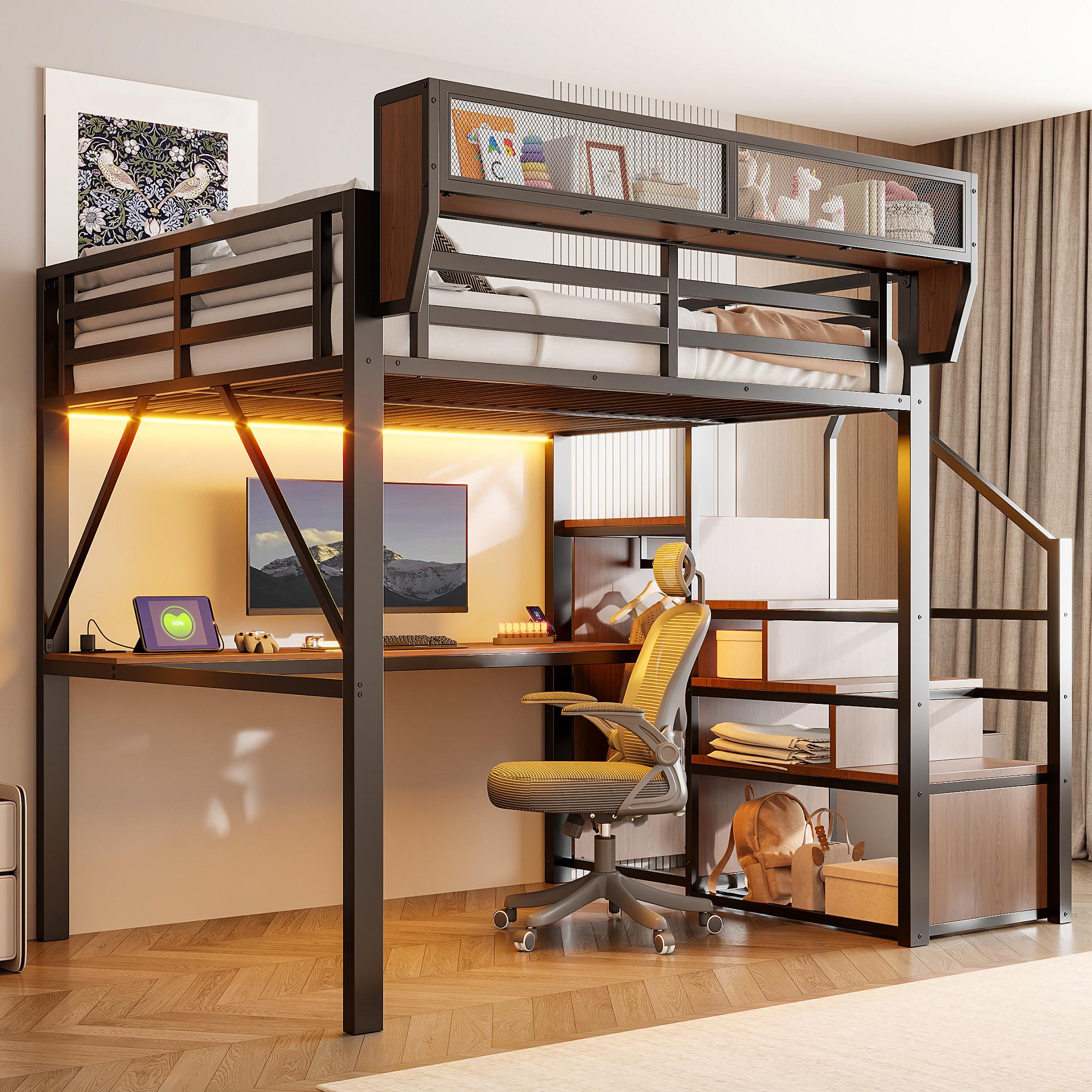 Merax Etagenbett Hochbett 140x200cm mit LED Licht, Metallbett mit Schreibtisch, Kinderbett mit Sicherheitsleiter,Jugendbett mit Stauraum Regal,Schwarz