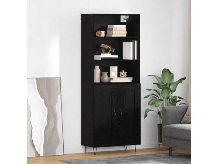 RJPLMFV Highboard Eiche Schwarz, 2-teilig, Holz Große Regale, Füße aus Eisen, für Wohnzimmer oder Esszimmer, pflegeleicht