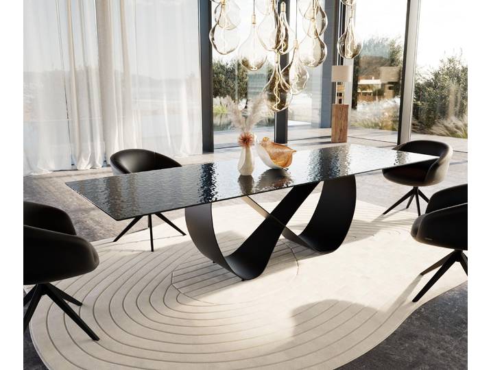 Esstisch Edge 300x100 Reliefglas Rauchschwarz 3D-Design Infinity Metall Schwarz, Esstische