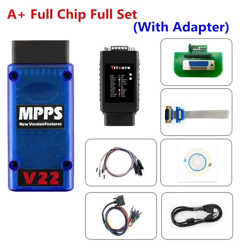MPPS V22 ECU-Flasher - Mit AP - V22.2.3.5 - Tricore Boot - K-Line/CAN - Flash- und EEPROM-Schreiben - Komplettes Kabelset