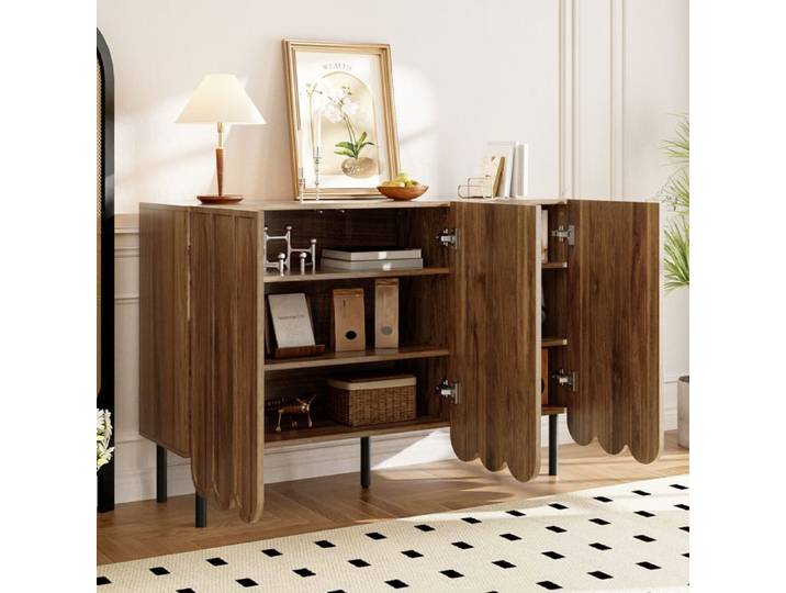 Buffet bahut 120x35x80 cm bois couleur noyer portes ondulées sans poignée étagères réglables pieds métal FOLYNA