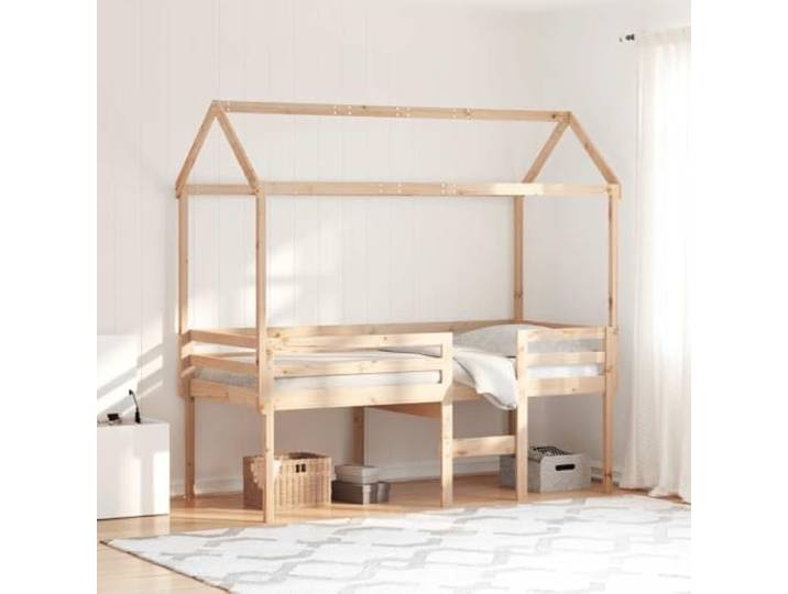 RJPLMFV Hochbett ohne Matratze, 90 x 190 cm, Kiefernholz, massiv Integrierte Leiter, Sicherheitsbarrieren, Dach mit Seitentür, optimiert den Raum