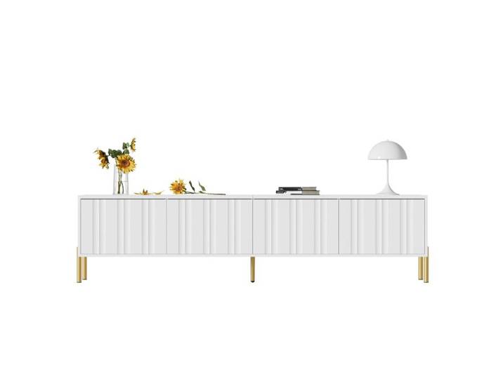 Meuble TV blanc 190 cm pieds dorés portes rainurées