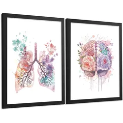 POSTER Set aus 2 Anatomie Mensch Drucke und mit Lungen Luftröhre Bronchien und Gehirn Pastellfarbenes Florales Aquarell Größe Schwarzer Rahmen A3