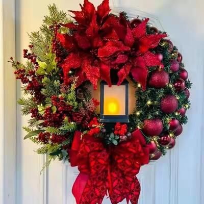 Retailers Go Elegant Pre Lit Christmas Wreath For Front Door, Garland With LED Lantern And Large Bow For Holiday Wall Decor red