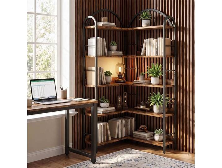 JoyGarden Bibliothèque arquée 5 niveaux 113x31x31 cm bois brun vintage pour salon ou home office