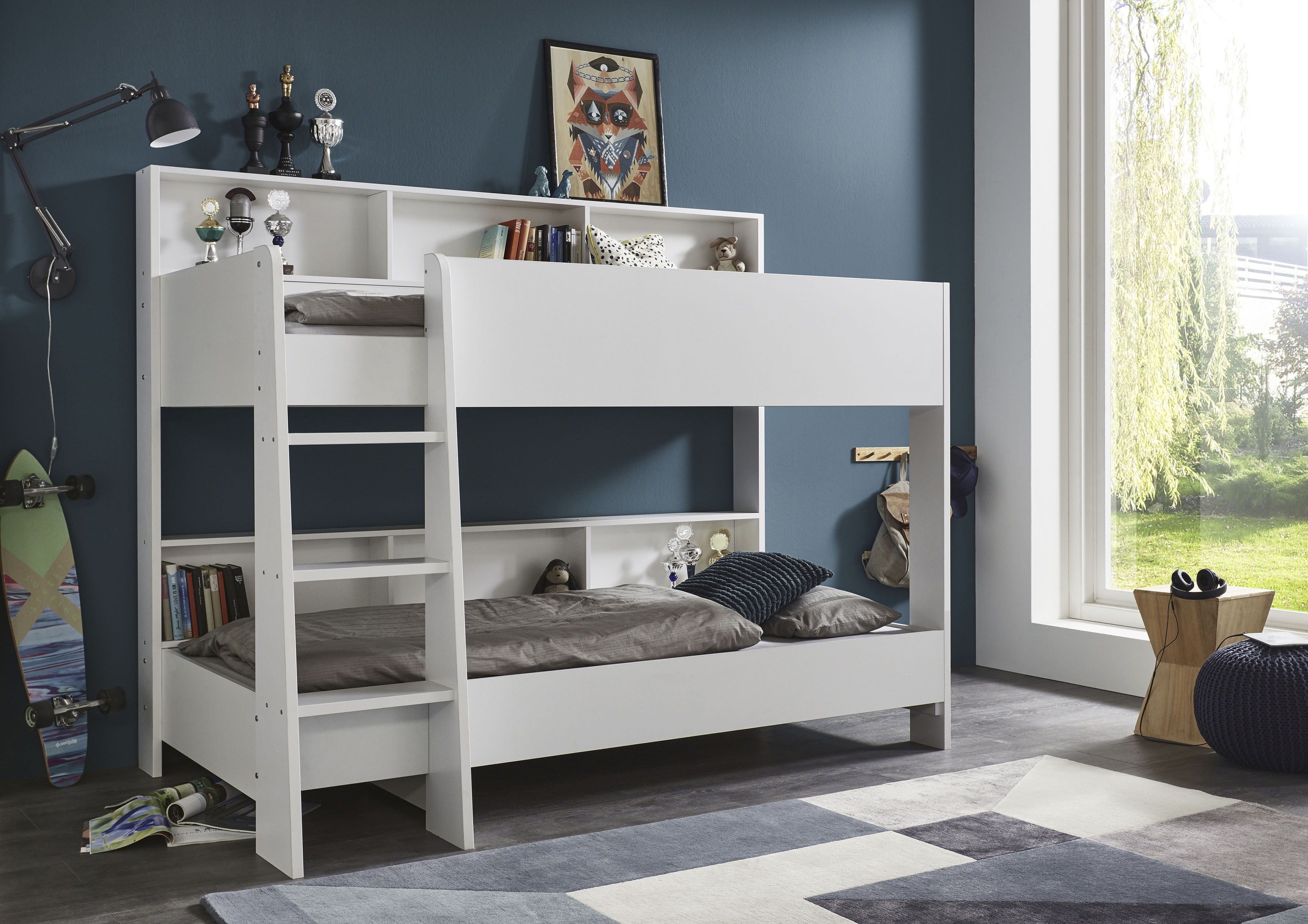 Etagenbett RELITA "Sway", weiß, B:130cm H:170cm L:207cm, Etagenbetten, Etagenbett, 2 Liegeflächen, mit Leiter, rückseitige Regale