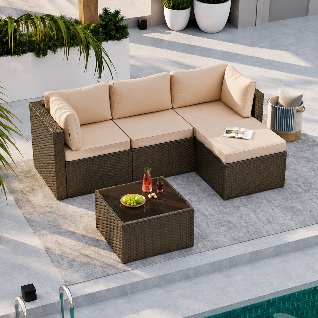 Blue Elephant 3-piece Outdoor Patio Conversation Set, Pe Rattan Wicker Seating Group With Ottoman & Coffee Table Khaki 4