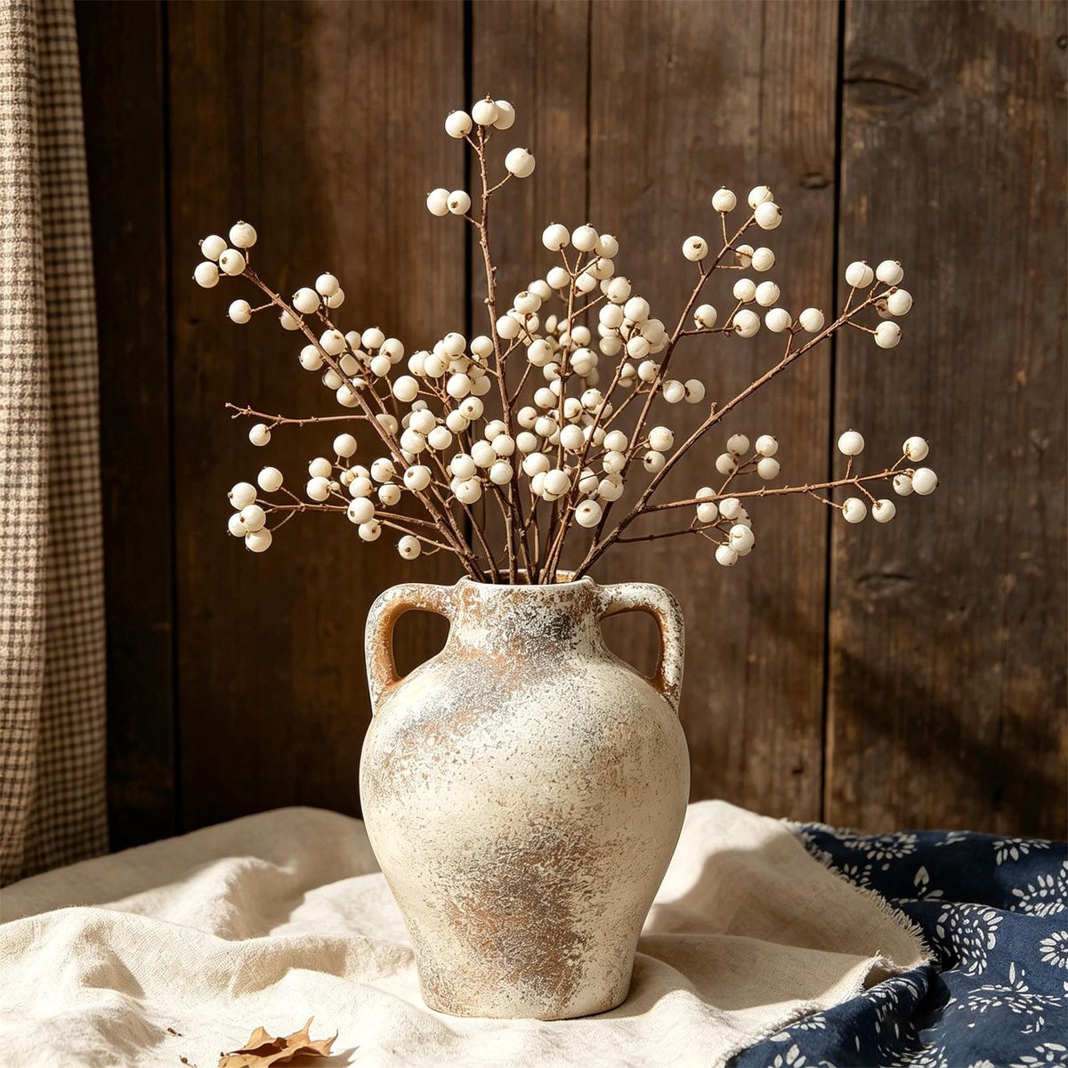 Antieke keramische bloemenvaas met handgrepen 17,3 cm