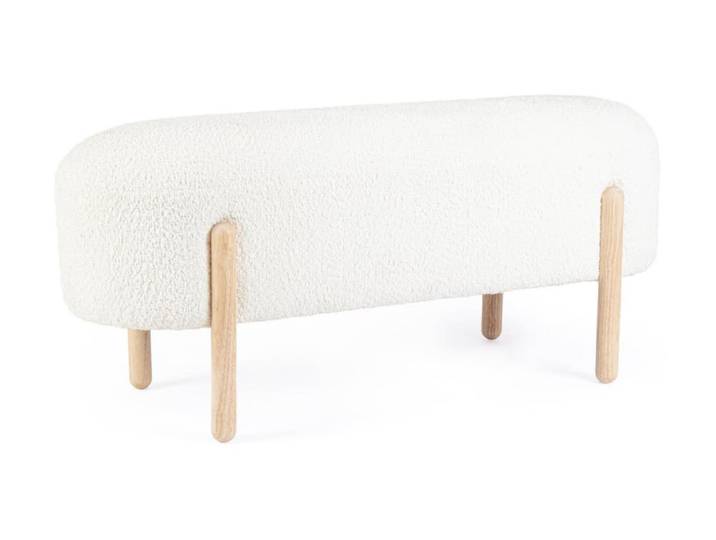 Banc en tissu bouclé blanc et pieds en bois d'hévéa