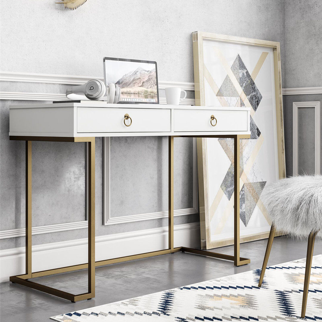 Inbox Zero Rectangle Writing Desk with Golden Metal Legs White 506.35cm H X 268.99cm W X 322.58cm D
