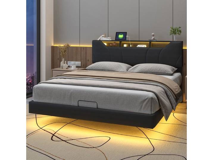 Lit coffre 140x200cm - COMANLAI - COMANLAI - LED RGB & télécommande - USB + Type-C - Rangement hydraulique