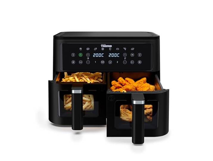 Tristar Doppelkorb-Heißluftfritteuse, 9 L Kapazität, 10 Programme, Sync-Funktion, Digitales Display, Sichtfenster, PFAS-frei, Gesundes Frittieren ohne Öl, 2500 W, FR-9429