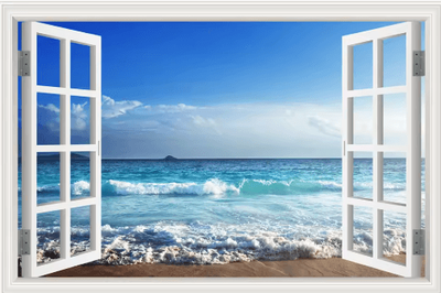 Inspire Picks 3D Beach Window Wall Sticker Ocean View Self Adhesive Wall Mural Decor 3 70x100cm 28x40inch