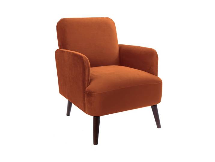 Fauteuil rétro en velours pieds bois foncé - rouille