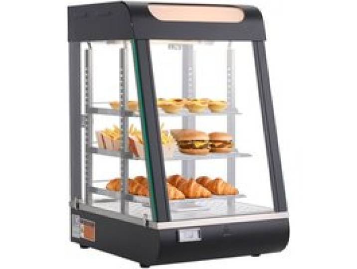 VEVOR 3-stöckige Wärmetheke 57 L, Warmhaltevitrine 800 W, Warmhaltetheke 30–85 °C, Speisenwärmer mit LED-Beleuchtung & Verstellbaren Ablagen, Speisevitrine für Hamburger Pizza Brot Brathähnchen