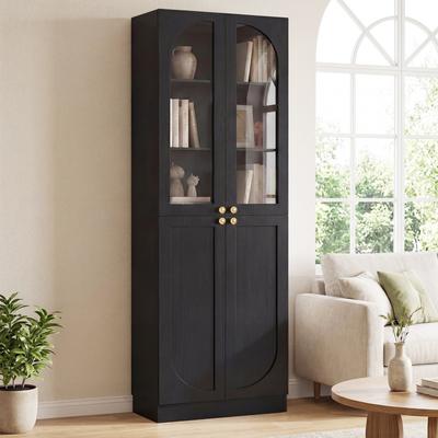 Rackcog 80'' H Bookcase with Arched Glass & Solid Doors, Modern Display Bookshelf Storage Cabinet for Living Room, Bedroom, Home Office