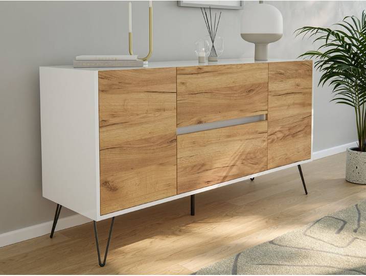 Magnolia Home Kommode Raumwunder Sideboard Maya 140cm 2 Greif-SoftClose 2 Türen Weiß/Eiche F
