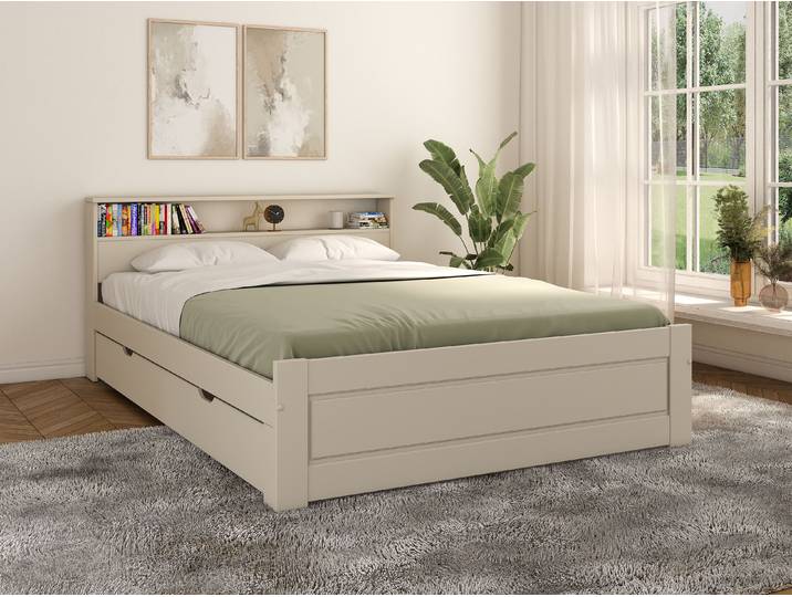 Massivholzbett OTTO HOME FLAVION, Jugendbett, Stauraum, FSC zertifizierte Kiefer , kaschmir, beige, B:145cm H:77,6cm L:217,3cm, Betten, Massivholzbett, Qualitätsprodukt, Regal, Kassettenoptik, Schublade optional