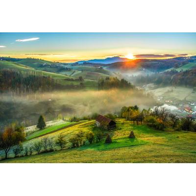 Fototapete PAPERMOON "PANORAMA-LANDSCHAFT DORF WIESE NEBEL GEBIRGE SONNE WALD", bunt, B:4m L:2,6m, Vlies, Tapeten