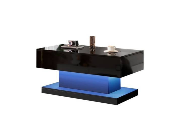Table Basse Relevable Salon - Table Basse Moderne avec LED et Rangement Pratique Relevable Hydraulique - 100x50x45 cm - Noir