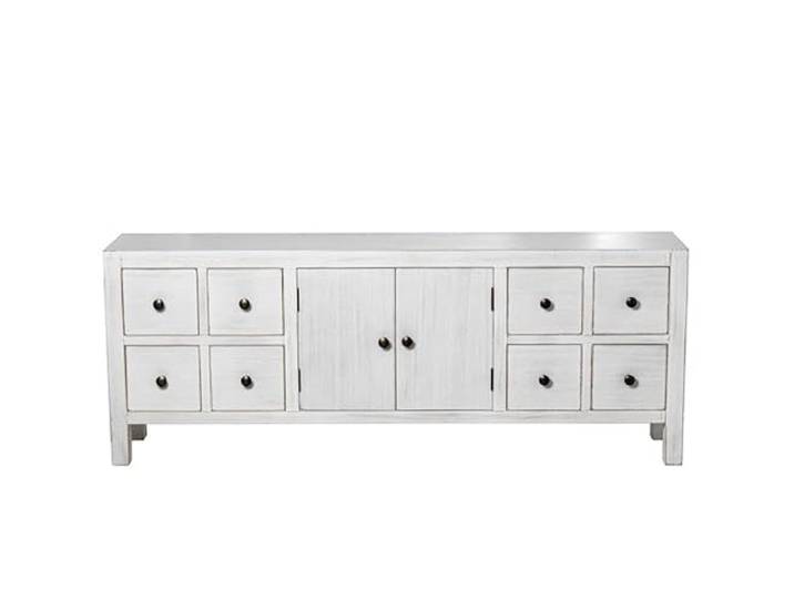 DRW TV-Schrank mit 2 Türen und 8 Schubladen aus weißem Holz, 50,5 x 130 x 24 cm