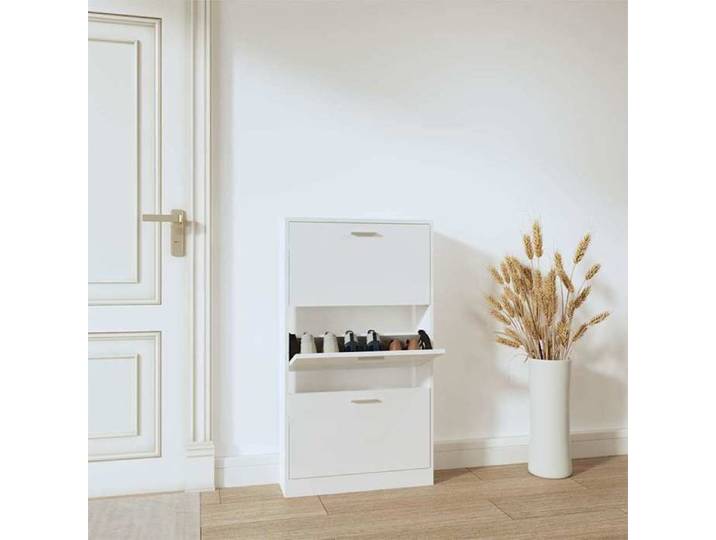 Moderne Armoire à chaussure - Blanc brillant - 59x17x108 cm - Bois ingénierie - Meuble d Entrée Couloir @FR 4461
