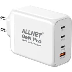 Allnet Ersatznetzteil QC USB-C PD GaN Netzteil Power Supply 200 Watt 1x USB Typ-A QC, 3x USB Typ-C** (200 W, 4 Ports), USB Ladegerät, Weiss