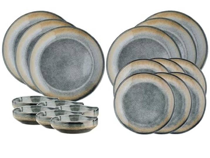 BJORN GENESIS Les Essentiels Geschirrset 6 Personen – 18-teiliges Steinzeug Geschirr Set mit reaktiver Glasur, Kollektion TERRE