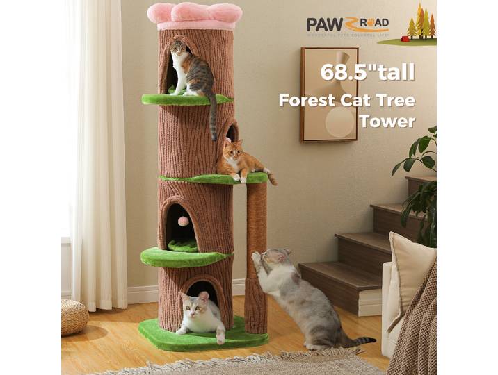 Grand arbre à chat avec 4 condos spacieux, poteau à gratter épais, lit surélevé en forme de fleur, tour à chat haute pour l'intérieur, maison de luxe pour chat, jouets