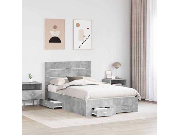 KTHLBRH Doppelbett mit Schublade, 135 x 190 cm, Betongrau Technisches Holz, modernes Design mit Behälter, Kopfteil inklusive, pflegeleicht