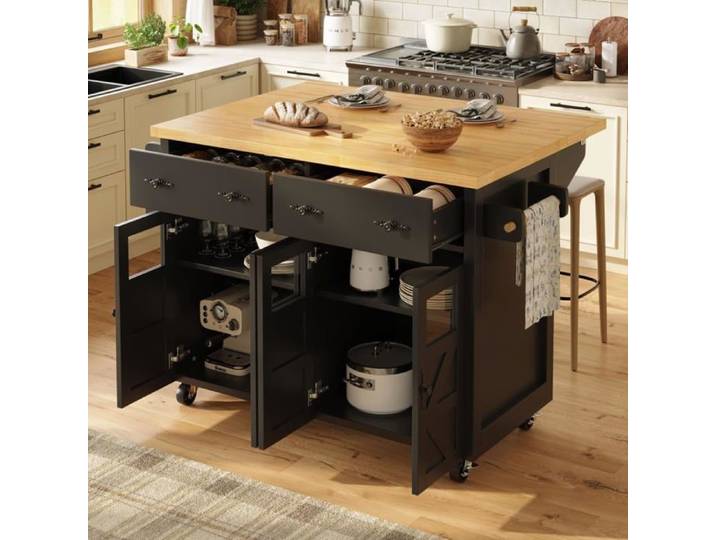Îlot de Cuisine Chariot de Service Multifonctionnel avec Grand Espace de Rangement Meuble Buffet Mobile Chariot de Cuisine Noir