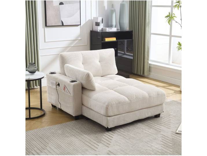 ELVORIN fauteuil relax 1 place 140 x 112 x 81 cm tissu côtelé beige ports USB porte gobelets poche latérale
