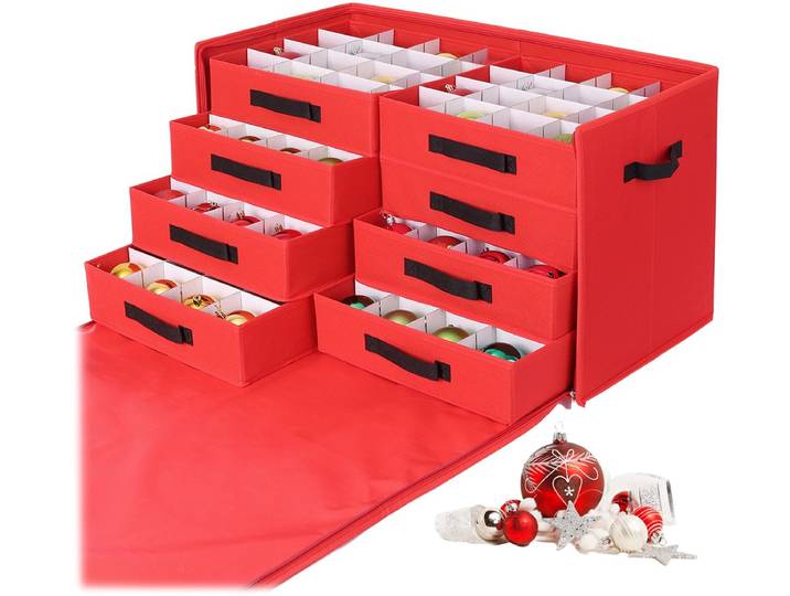 Kerstballen opbergbox - voor 128 ballen - met lades - rood