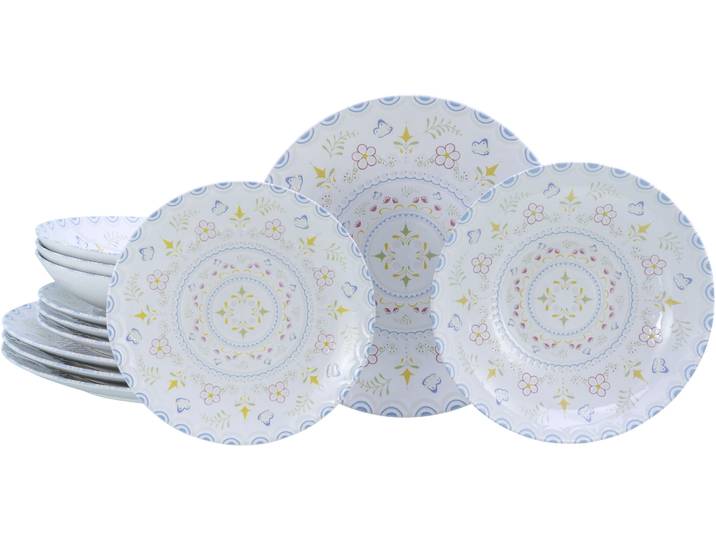 Teller-Set CREATABLE Primavera Pastell, Teller Set 12-tlg. , bunt, 12, Steinzeug, Geschirr-Sets, Teller-Set, Vollflächig dekoriert, Schmetterlingsmotive, Zarte Pastelltöne