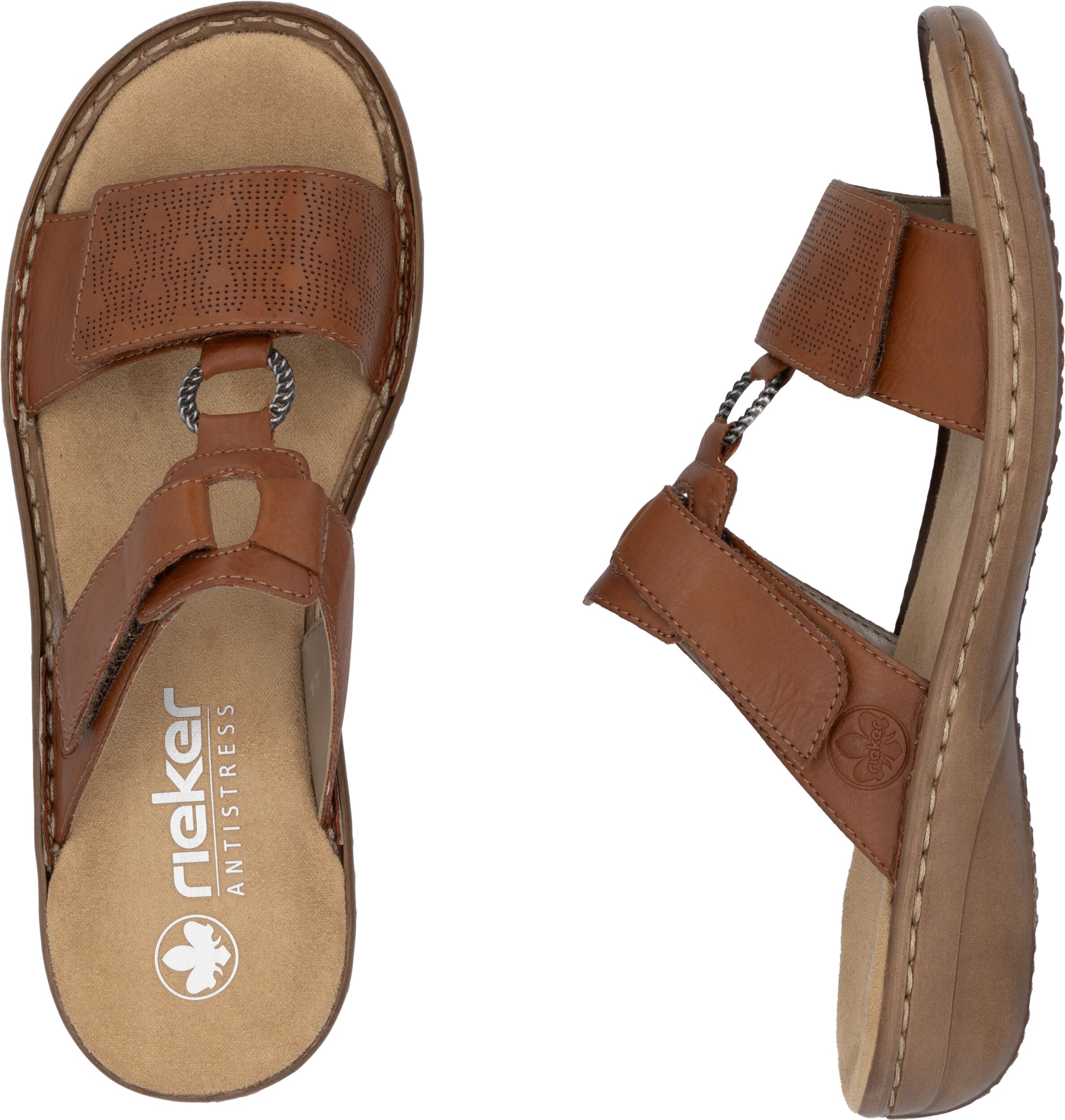 Pantolette RIEKER, Damen, Gr. 40, Synthetik, braun (cognac), Lederimitat, unifarben, Schuhe Pantolette, Sommerschuh, Strandschuh, Klettschuh mit Perforation