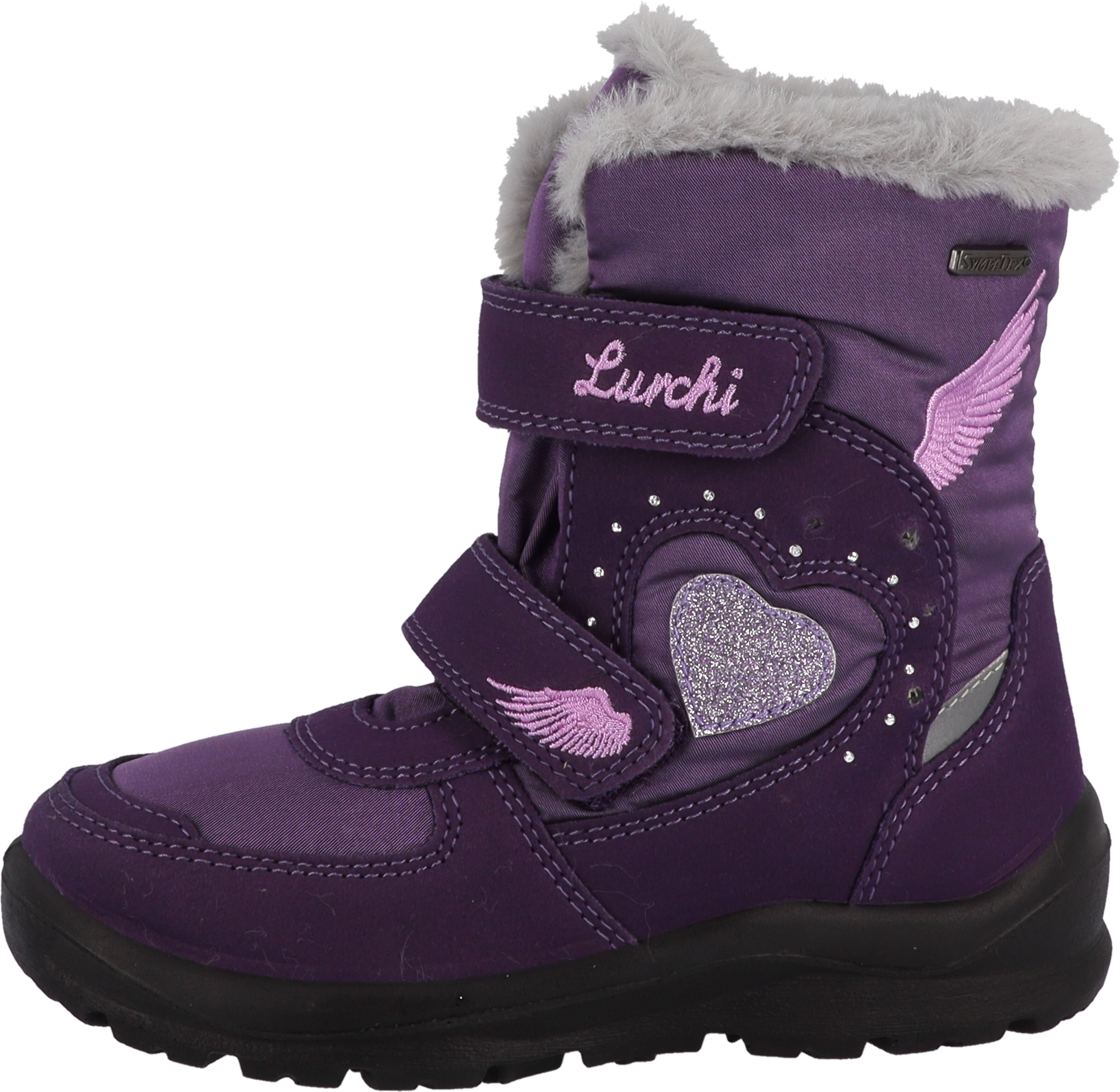 Winterboots LURCHI "Keely-SYMPATEX, Blinkschuh", Mädchen, Gr. 33, Warmfutter, lila, Bast, Lederimitat, Textil, Schuhe Winterboots, Klettstiefel mit Glitzerherz, Größenschablone zum Download
