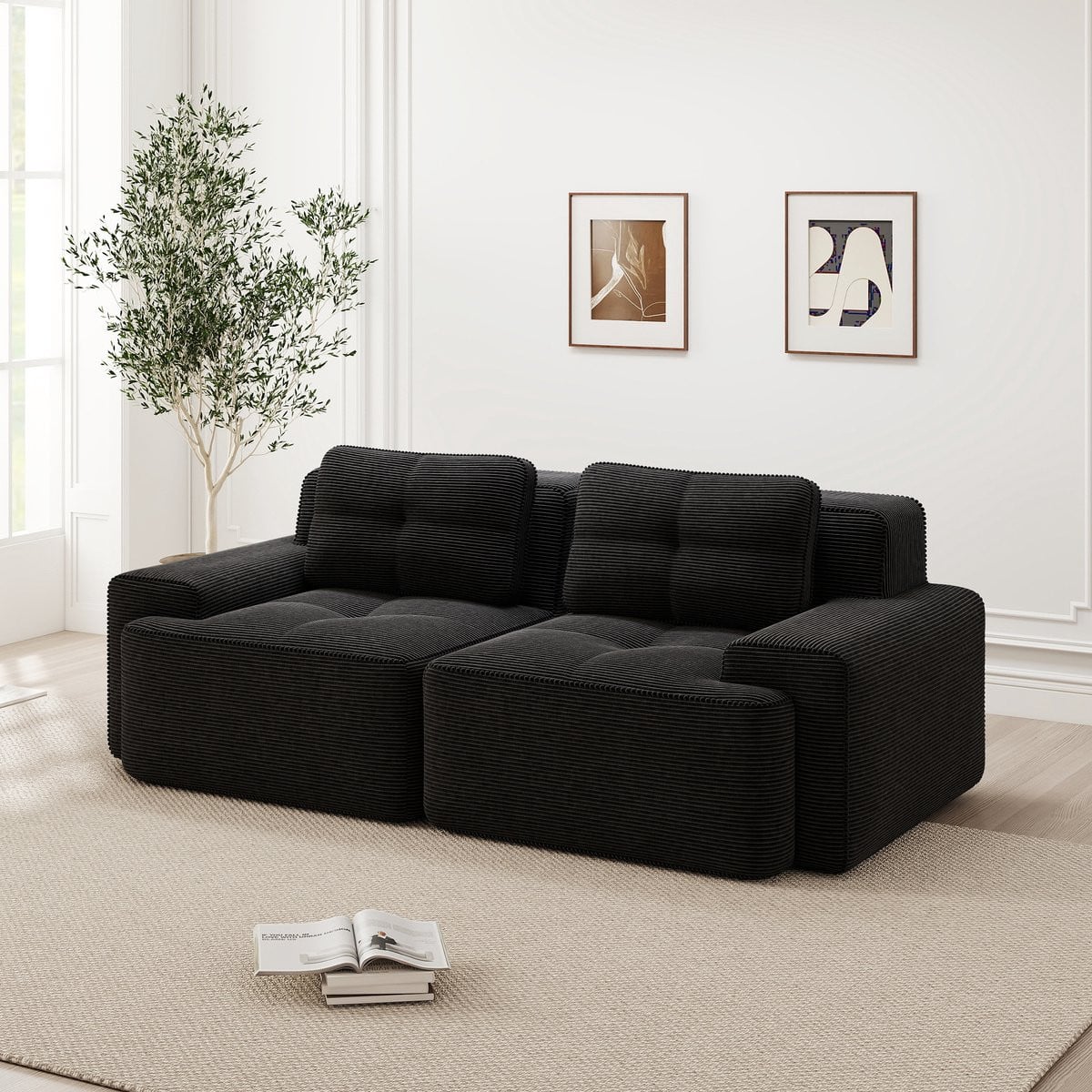 Zubaliya Frameloze modulaire corduroy bank met slaapfunctie, 2 personen, zwart
