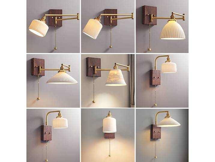 Applique murale rotative avec interrupteur à chaîne, lampe murale LED à côté de la chambre à coucher, salon, bras lumineux, auvent en bois, applique murale