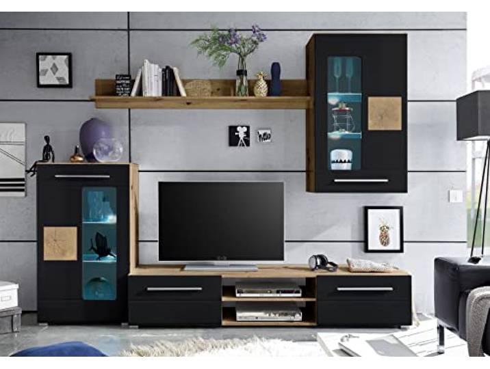 möbelando Wohnwand Schrankwand Anbauwand TV-Wand Mediawand Wohnzimmerwand Goran I Artisan Eiche/Schwarz Matt