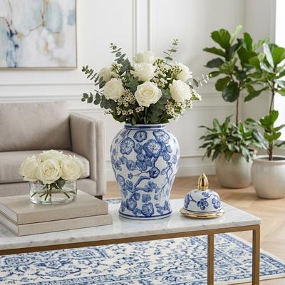 Sagebrook Home Chinoiserie Ceramic Temple Jar with Sculptural Lid for Home Decor