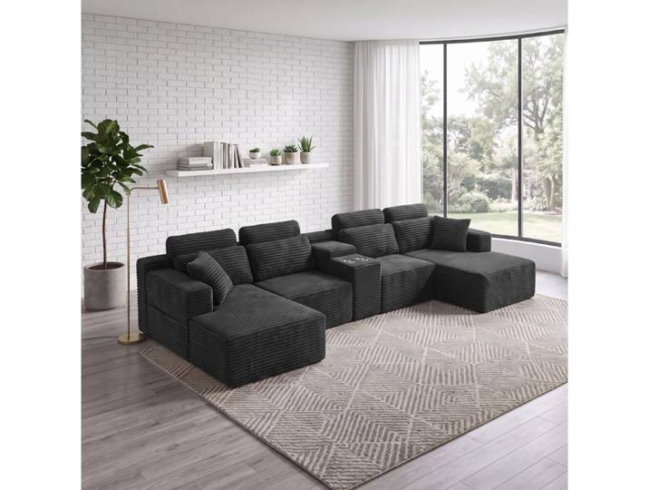 Canapé sectionnel modulable en U 6 places gris foncé velours côtelé double porte-gobelet ressorts ensachés Grjofek