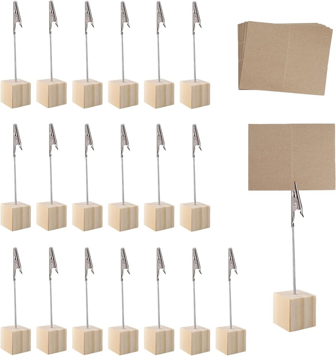 20 Stuks Houten Fotohouders met Krokodillenklem en Kraftpapier Kaarten