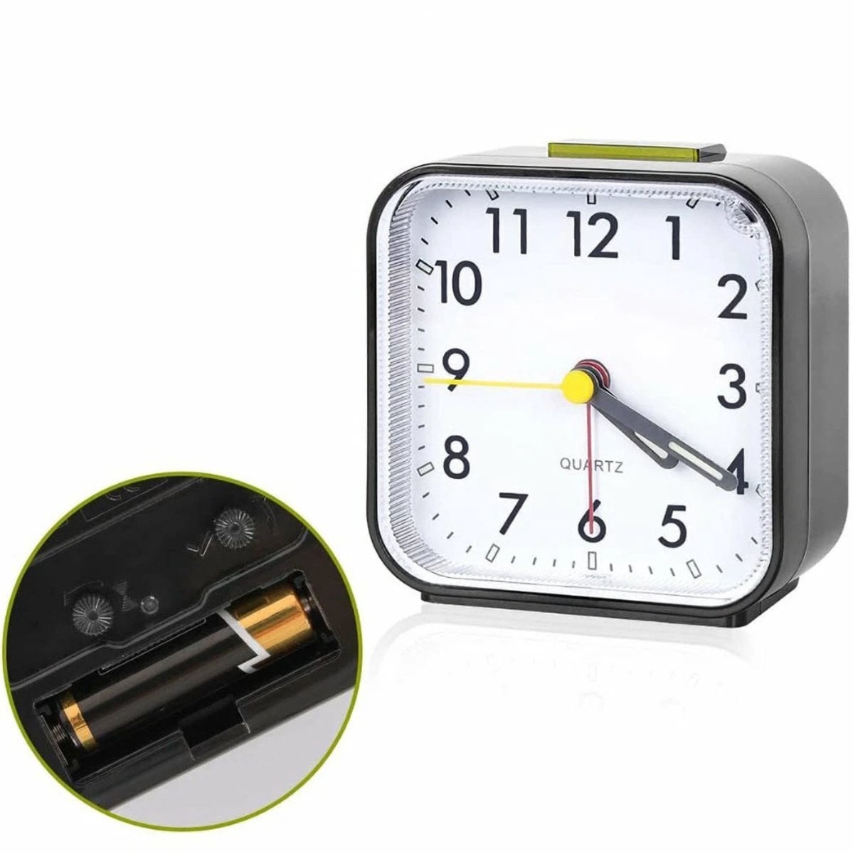 Stille analoge bureauwekker met snooze-functie, nachtlampje en oplichtende cijfers, zwart
