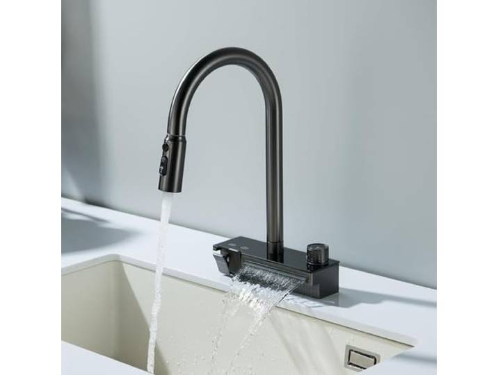 Wasserfall-Küchenarmatur mit herausziehbarem Sprüher, Küchenarmaturen, Küchenspüle Wasserhahn mit 4 Modi (Regen/Sweep/Stream/Wasserfall), Klaviertastenschalter-Sprühgerät, Messingarmatur für