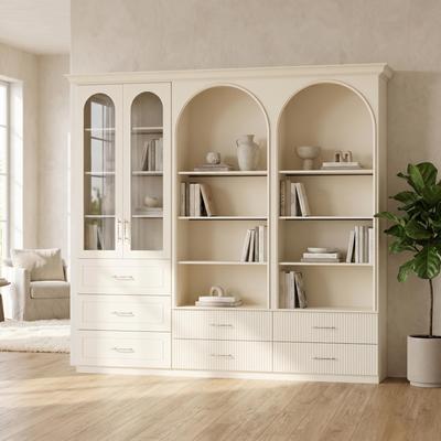 Homsee Modular Bookcase with LED Lights, Glass Door Storage Cabinet with Drawers, Large Display Shelving Unit Sideboard