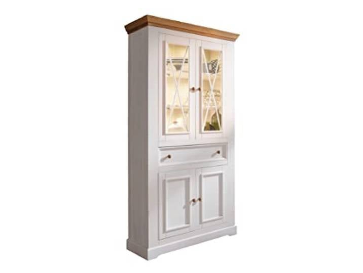 Woodroom Oslo Vitrine in Kiefer massiv weiß Standvitrine Glasvitrine(BxHxT 109x214x42 cm)