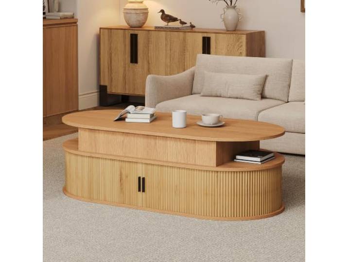Merax Couchtisch höhenverstellbar oval 100x50 cm, Holzfarbe, Stauraum Ovaler Couchtisch mit Liftfunktion bis 55 cm, verstecktem Stauraum und 2 Rolltüren in Holzfarbe.