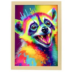 POSTER Lemur Im Vollfarb Portrait Stil. A3 Rahmen Aus Hellem Holz